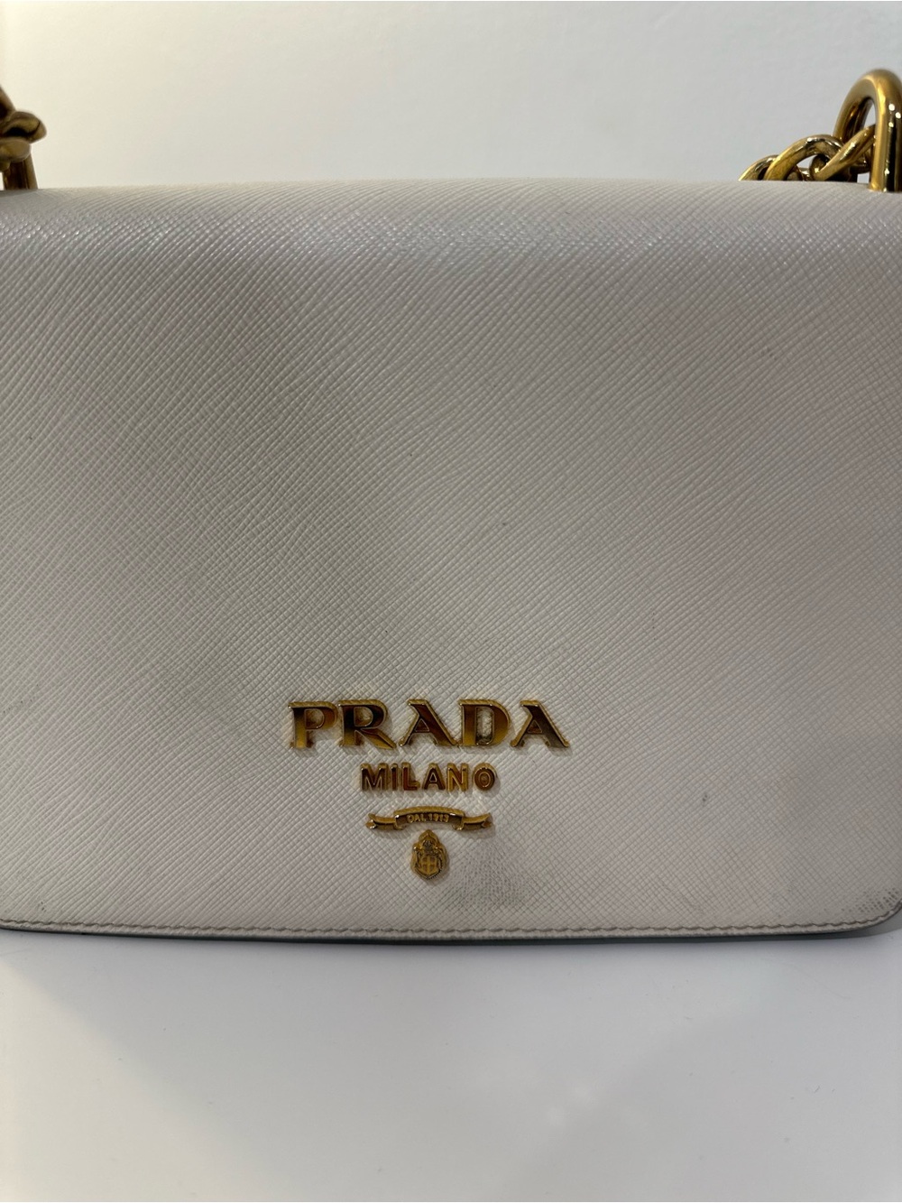 Prada White Saffiano Leather Crossbody with Gold Chain - Picture 5 of 5